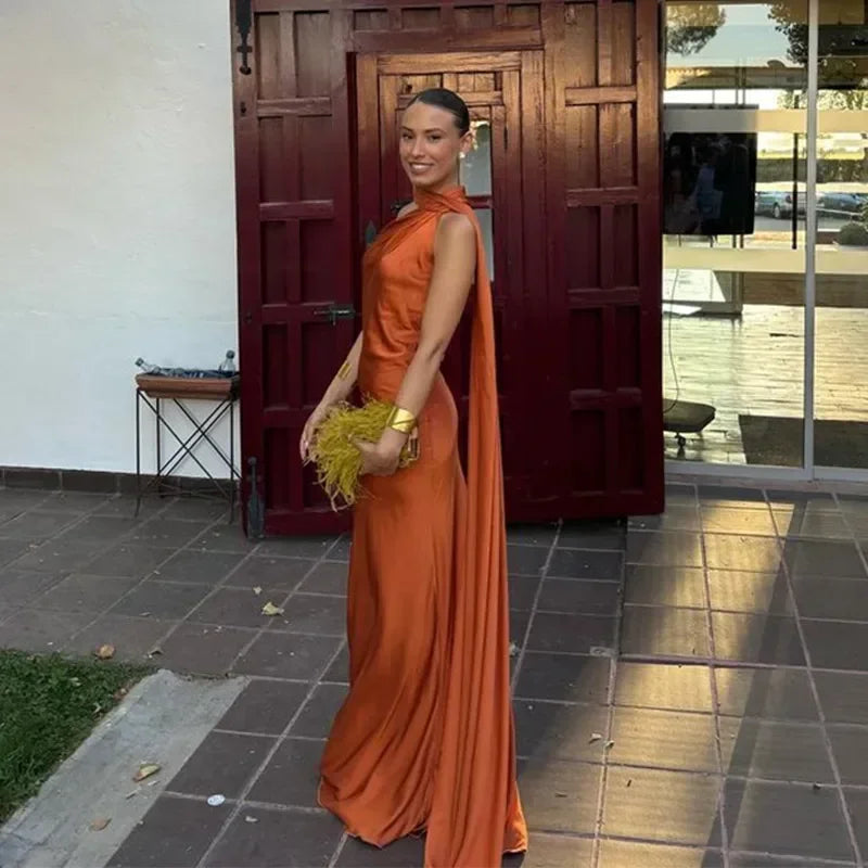 Juna Satin Maxi Dress with One-Shoulder Scarf Drape - Orange