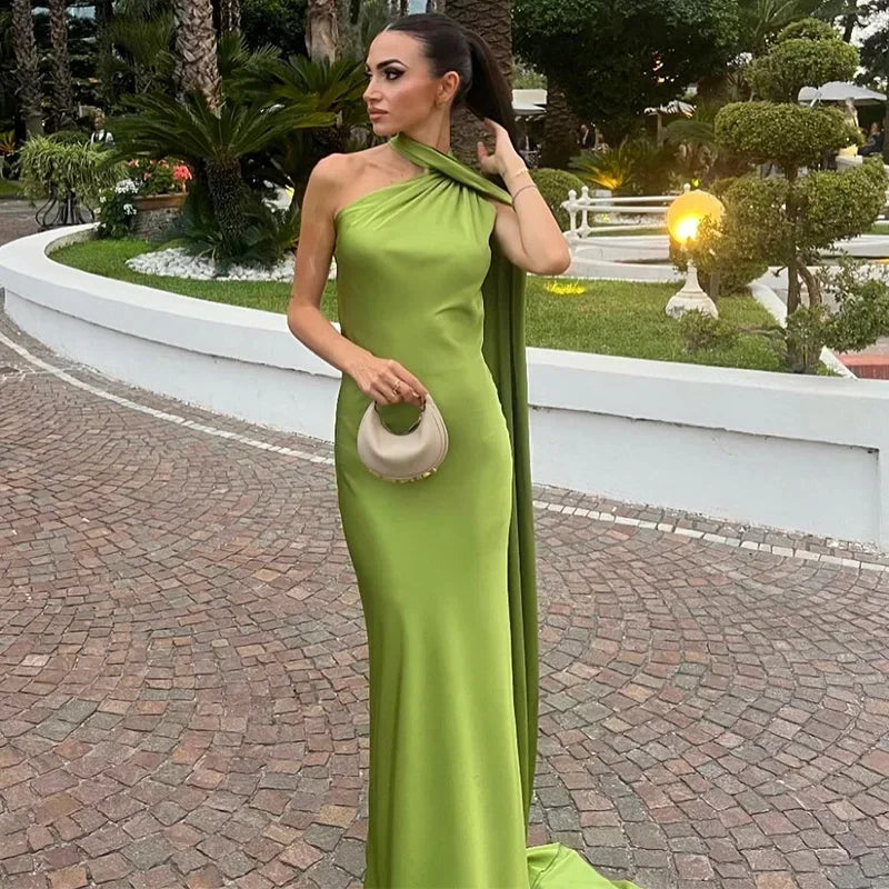 Juna Satin Maxi Dress with One-Shoulder Scarf Drape - Green