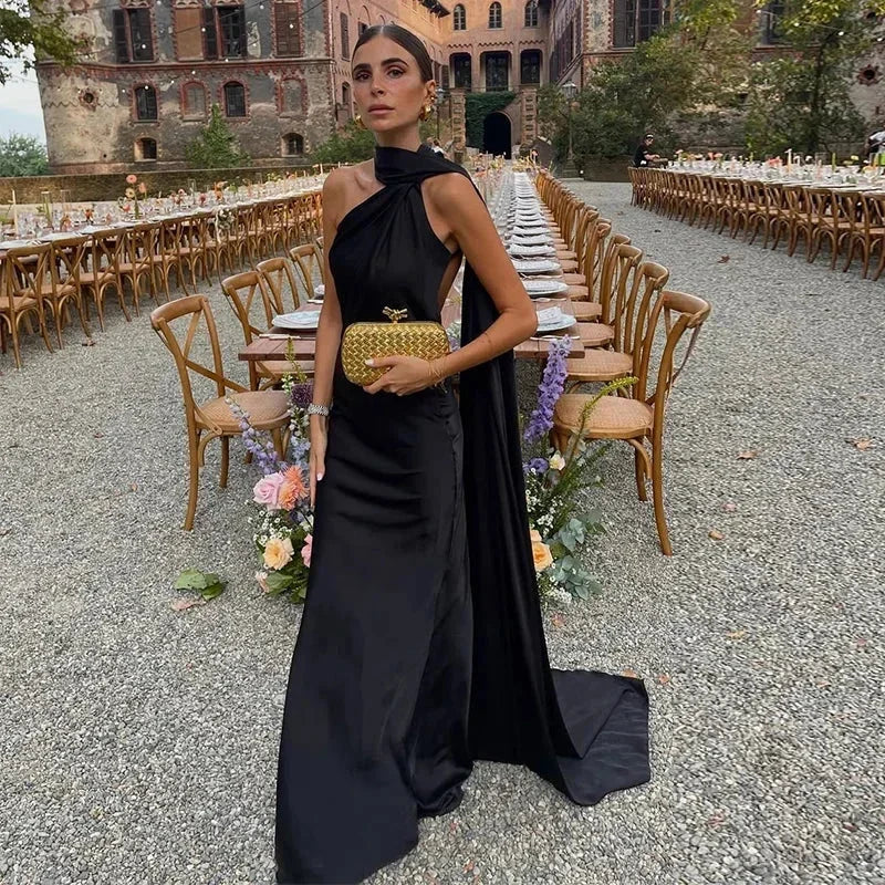 Juna Satin Maxi Dress with One-Shoulder Scarf Drape - Black
