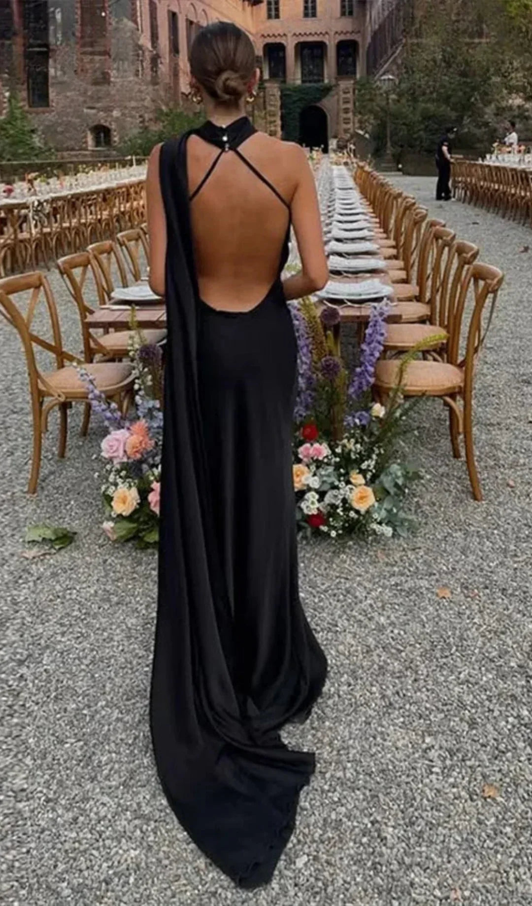 Juna Satin Maxi Dress with One-Shoulder Scarf Drape