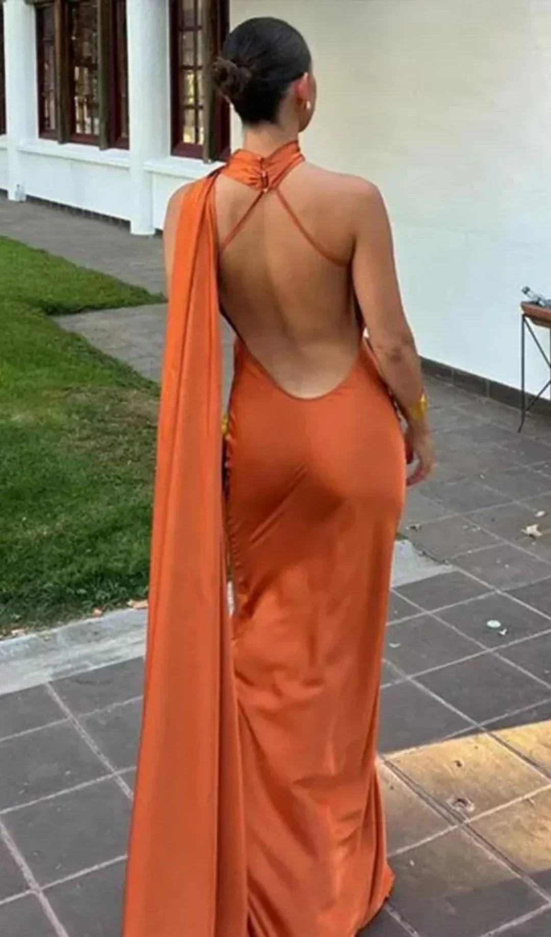 Juna Satin Maxi Dress with One-Shoulder Scarf Drape