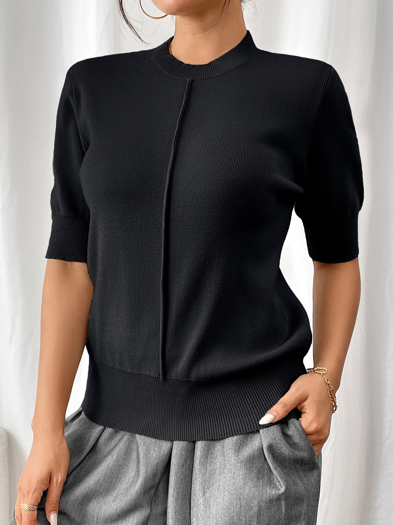 Katarina Knit Top with Mock Neckline and Elbow Sleeves