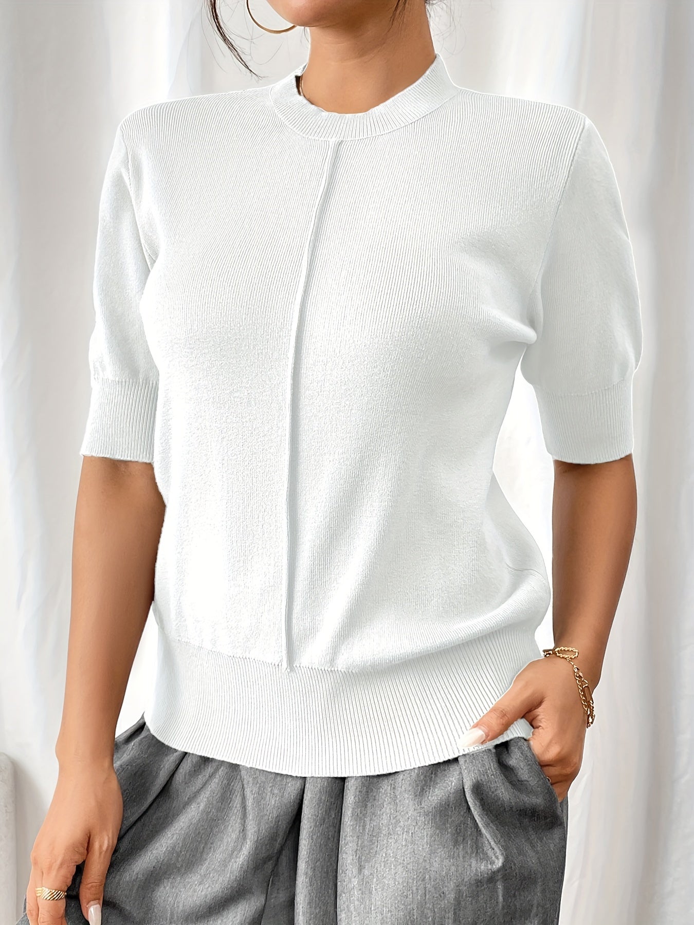 Katarina Knit Top with Mock Neckline and Elbow Sleeves - White