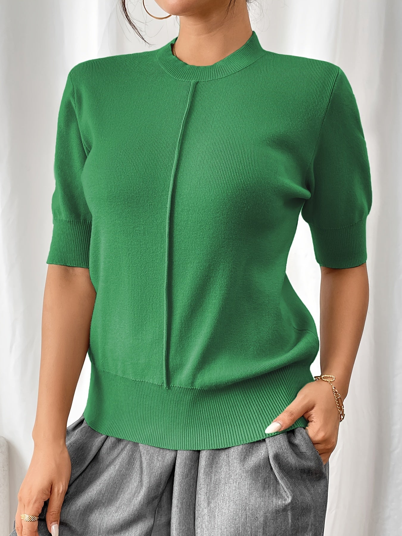 Katarina Knit Top with Mock Neckline and Elbow Sleeves - Green
