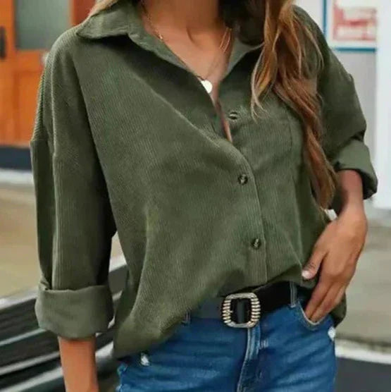Kelsey Corduroy Blouse with Button Front for Women - Army Green
