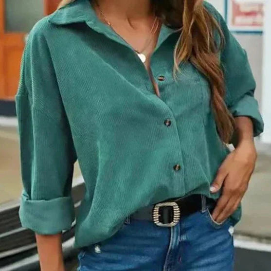 Kelsey Corduroy Blouse with Button Front for Women - Green