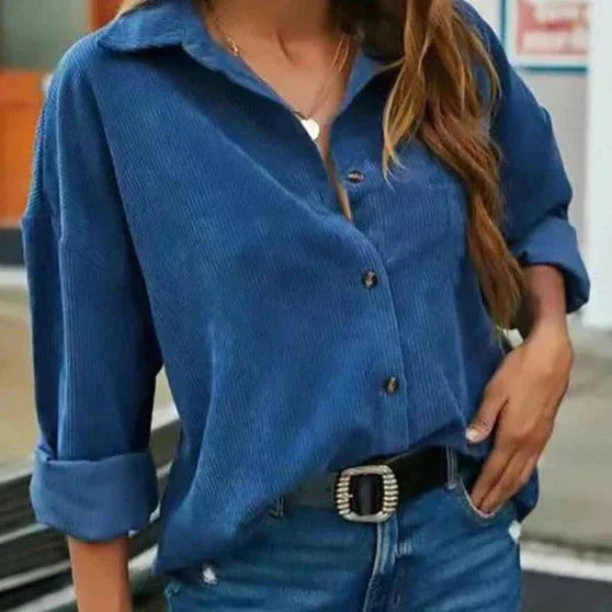 Kelsey Corduroy Blouse with Button Front for Women - Blue