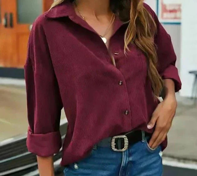 Kelsey Corduroy Blouse with Button Front for Women - Red Wine
