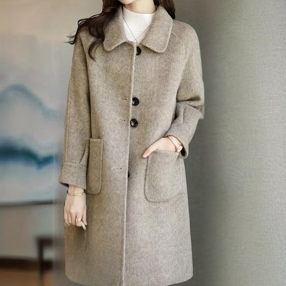 Leilana Wool-Look Coat with Button Front and Patch Pockets - Khaki
