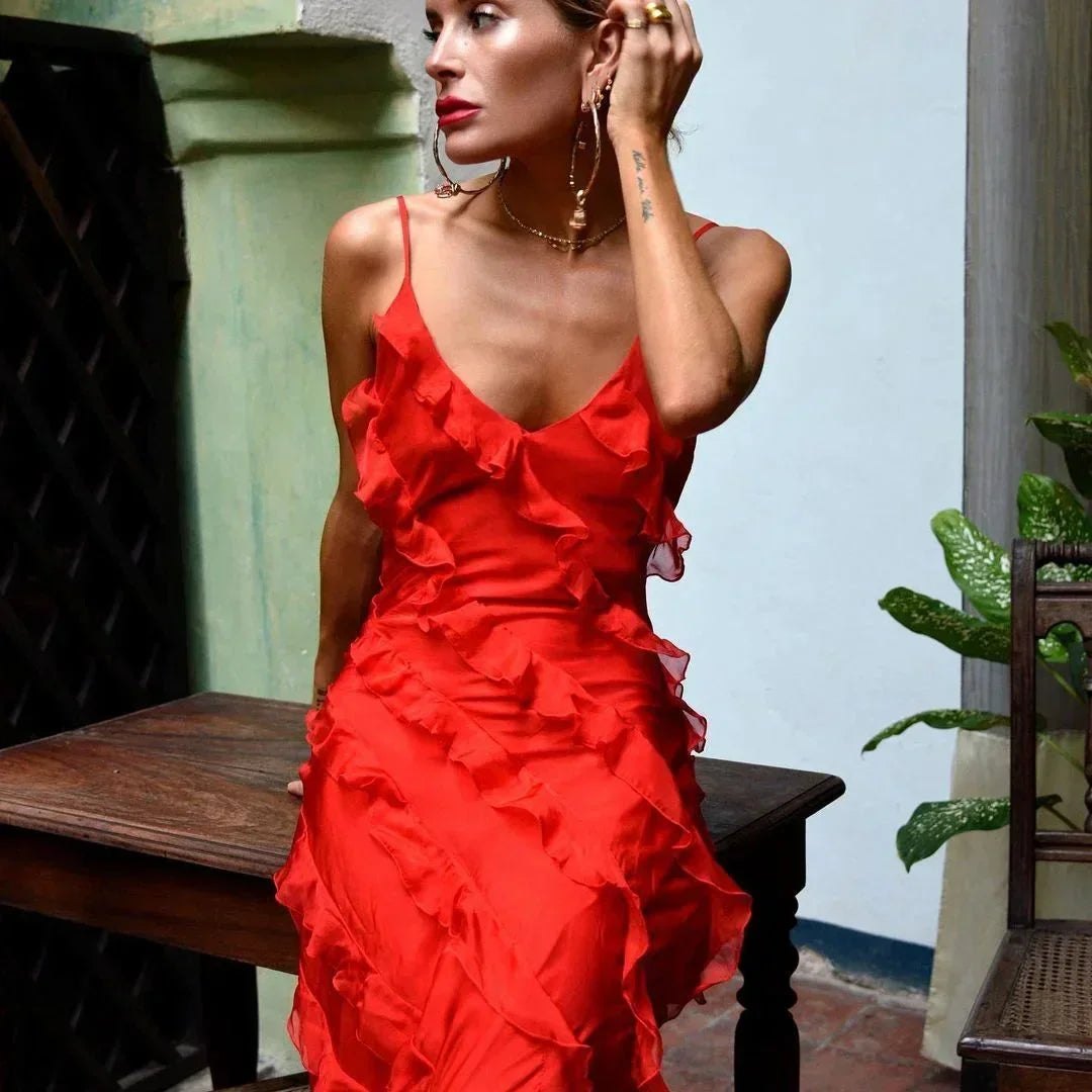Leonie Maxi Dress with Slim Straps and Ruffle Details