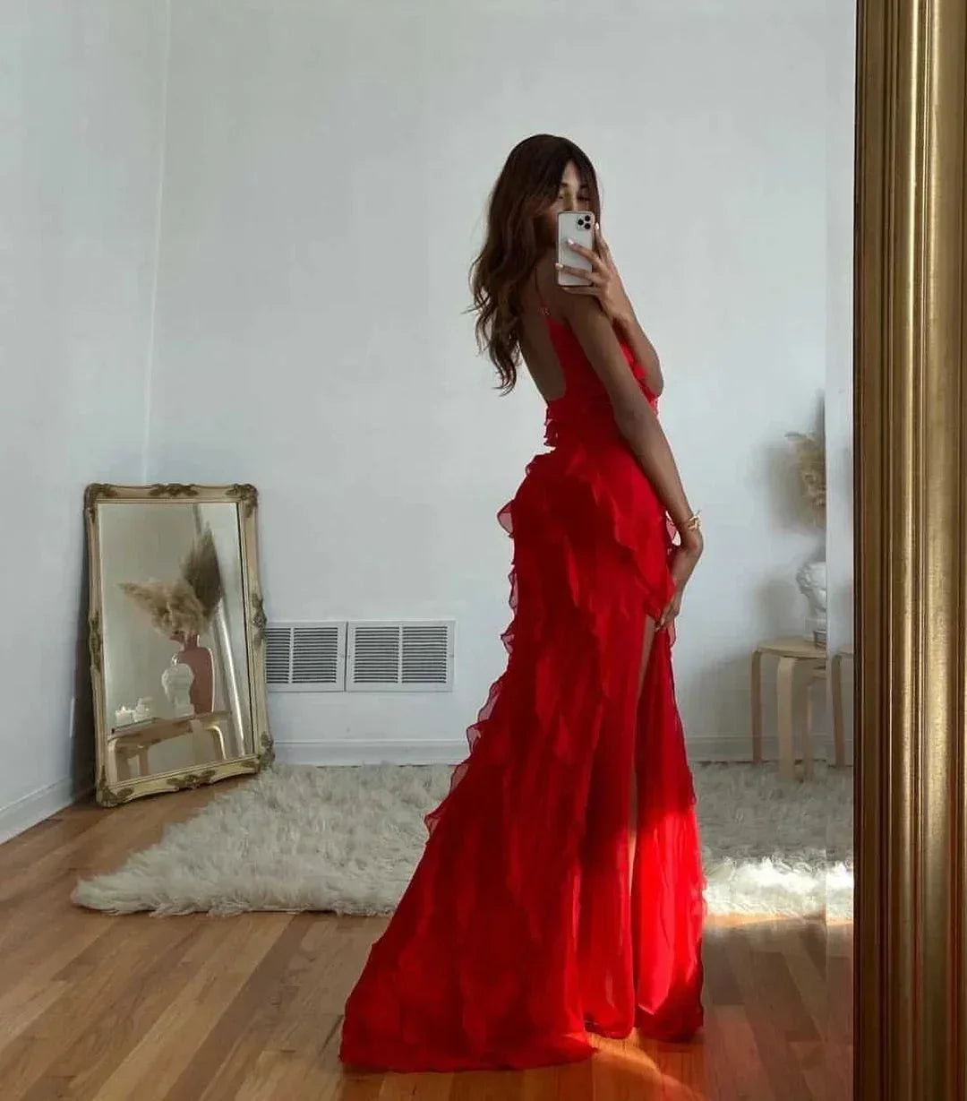 Leonie Maxi Dress with Slim Straps and Ruffle Details