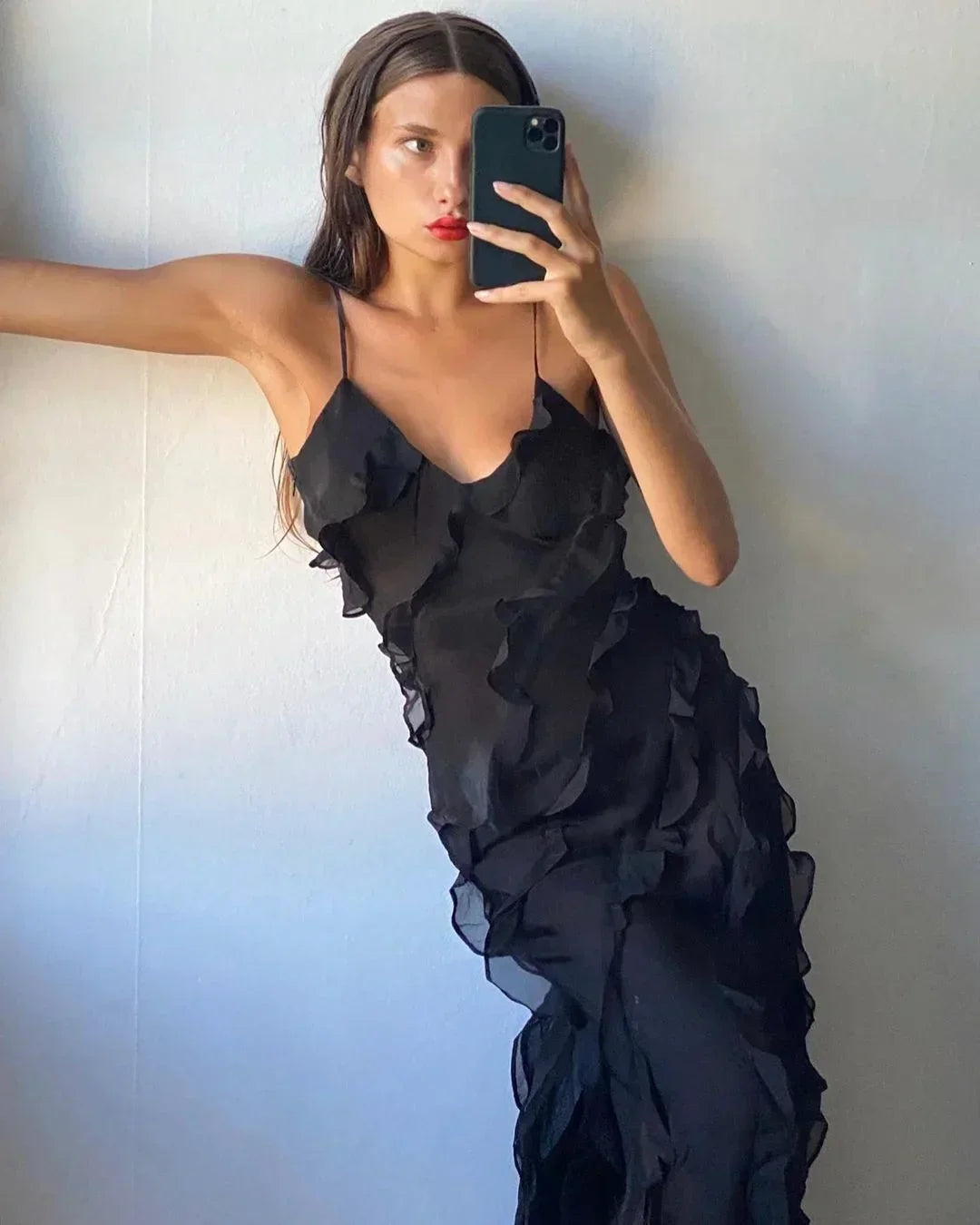 Leonie Maxi Dress with Slim Straps and Ruffle Details