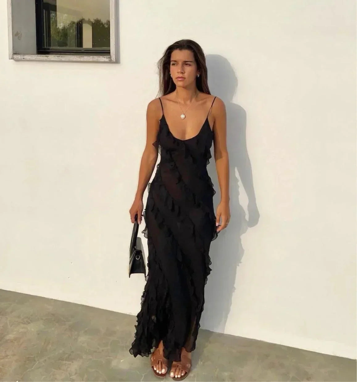 Leonie Maxi Dress with Slim Straps and Ruffle Details