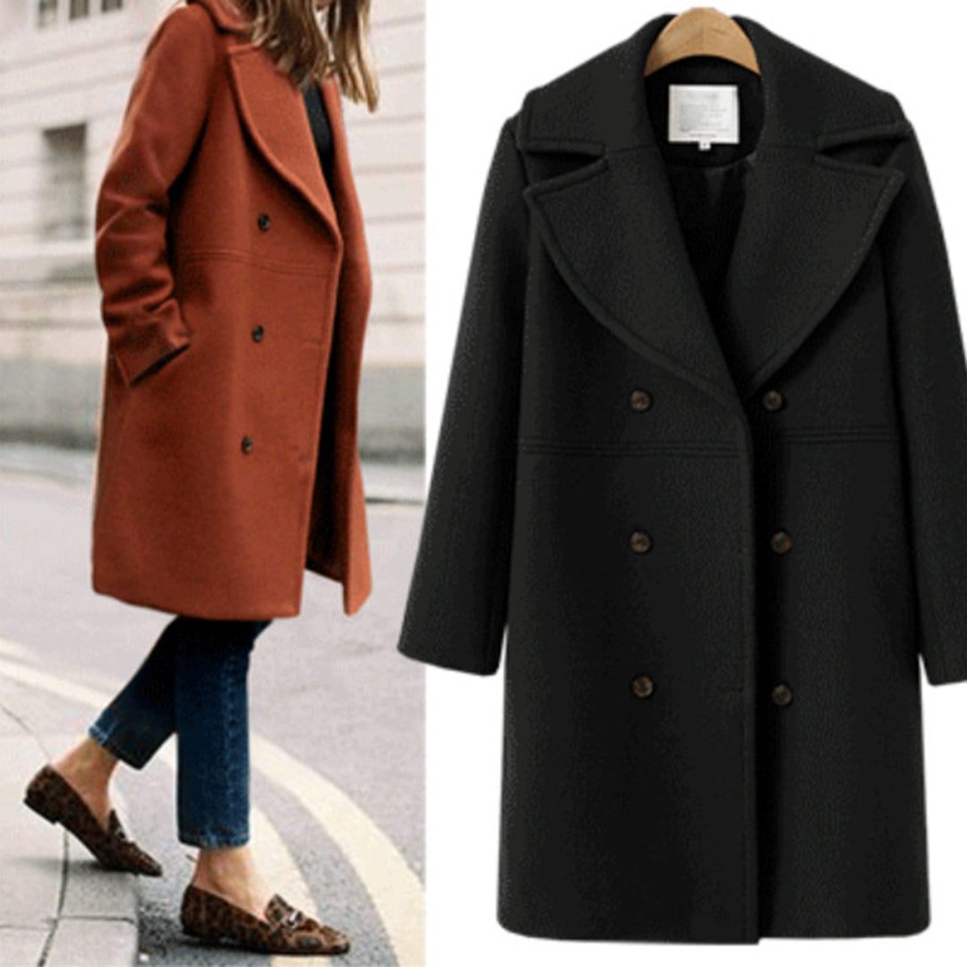 Lesia Wool-Look Double-Breasted Coat with Wide Lapels - Black