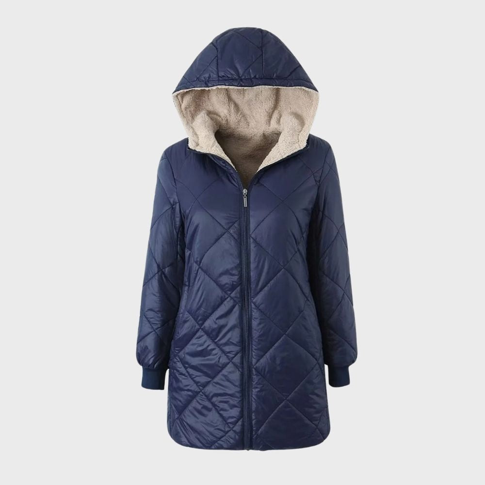 Leti Quilted Winter Coat with Hood and Zip Front - Navy