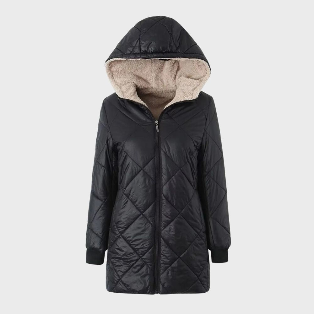 Leti Quilted Winter Coat with Hood and Zip Front - Black
