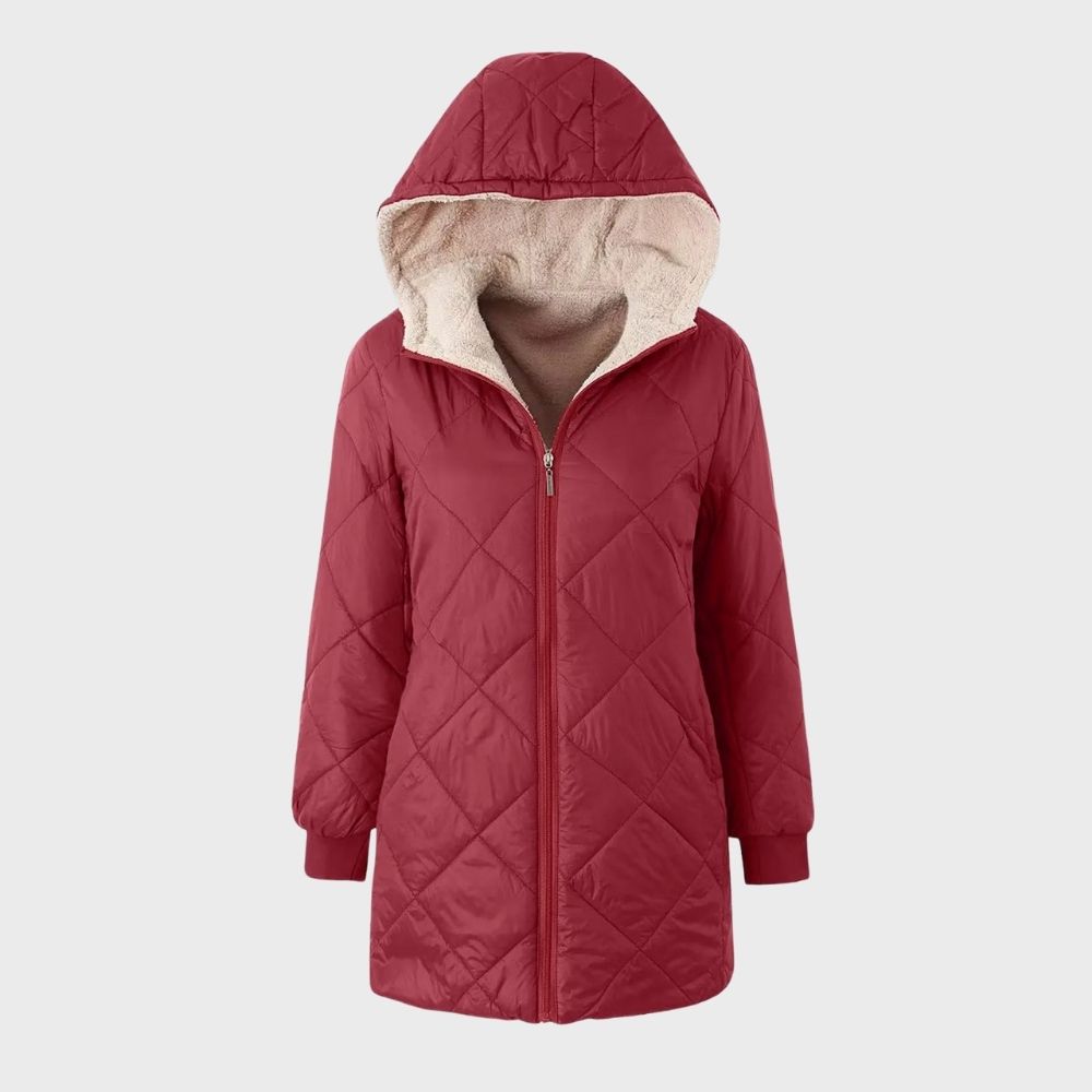 Leti Quilted Winter Coat with Hood and Zip Front - Red