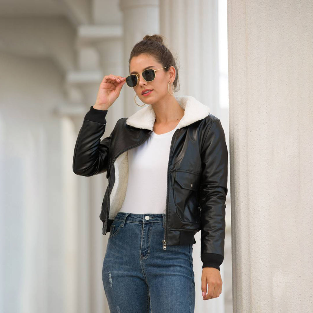 Lillie Leather-Look Bomber Jacket with Plush Collar