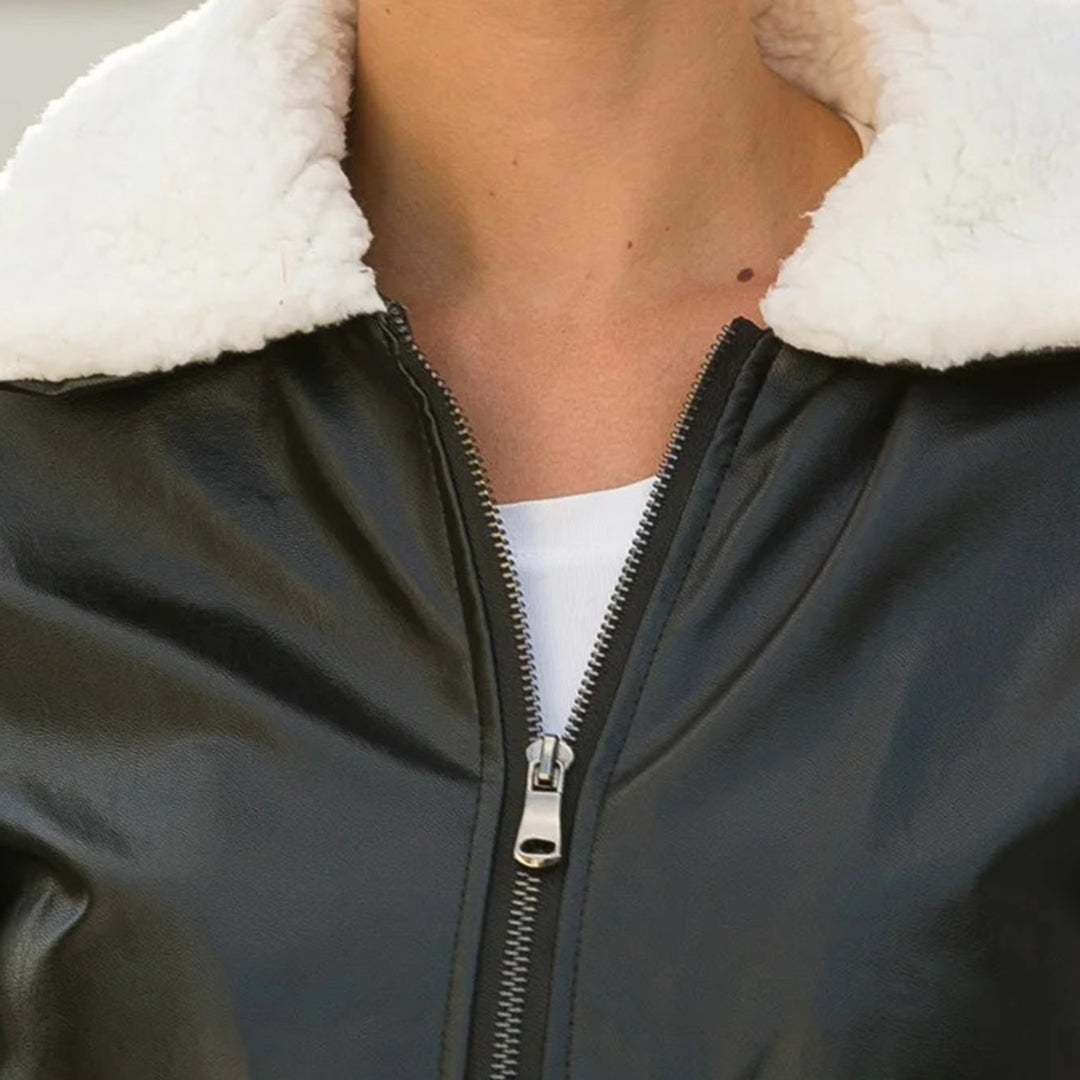 Lillie Leather-Look Bomber Jacket with Plush Collar