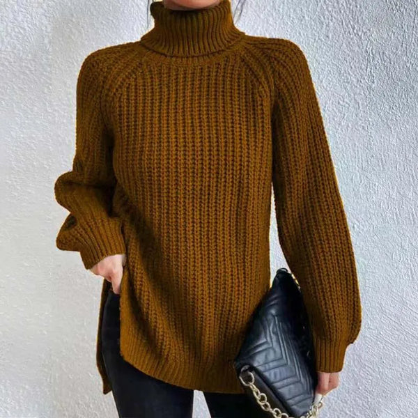 Lily Chunky Ribbed Sweater with High Turtleneck - Camel