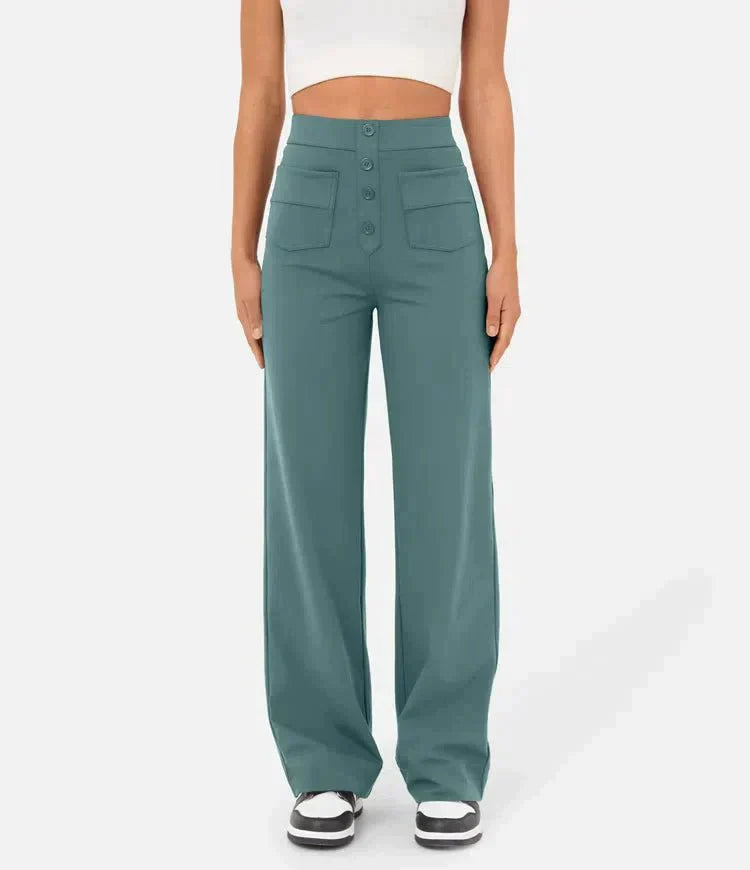 Linnea High-Waist Wide-Leg Pants with Patch Pockets - Stone Green