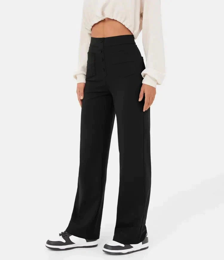Linnea High-Waist Wide-Leg Pants with Patch Pockets - Black