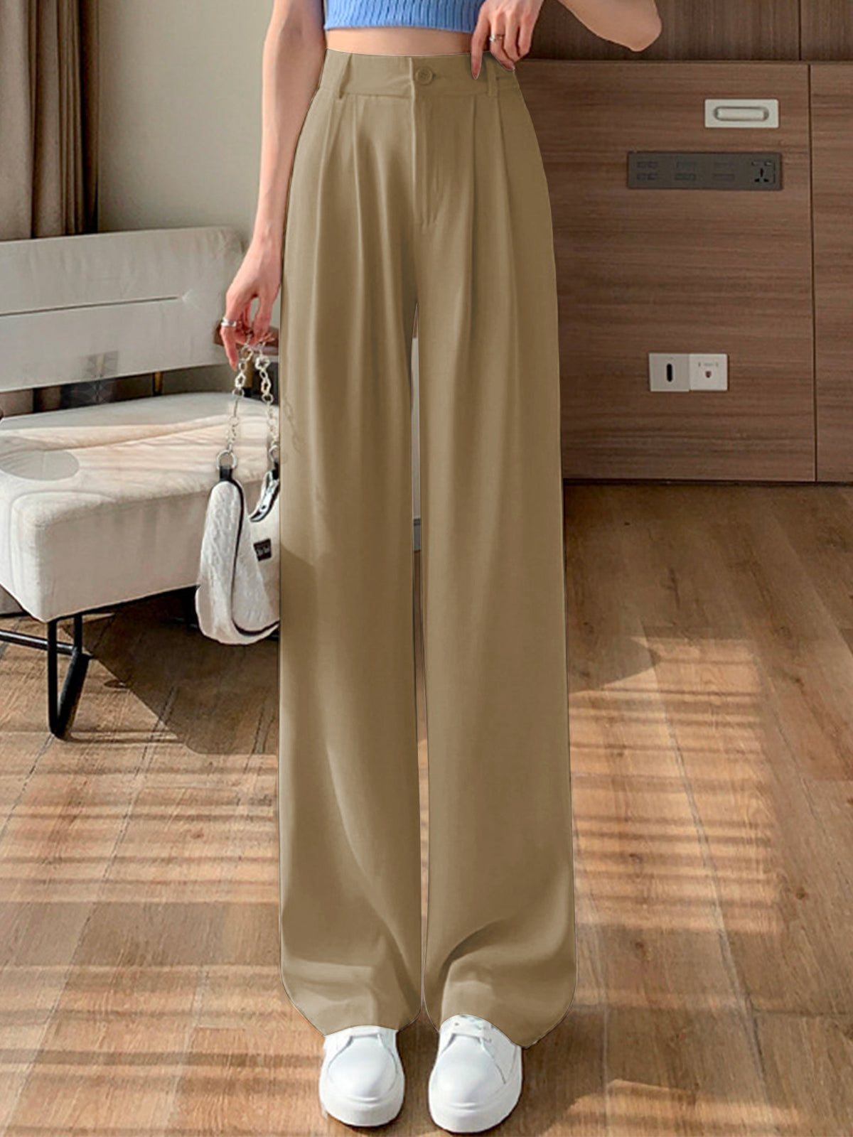 Lisa Wide-Leg Pants with Pleated Front for Women - Khaki