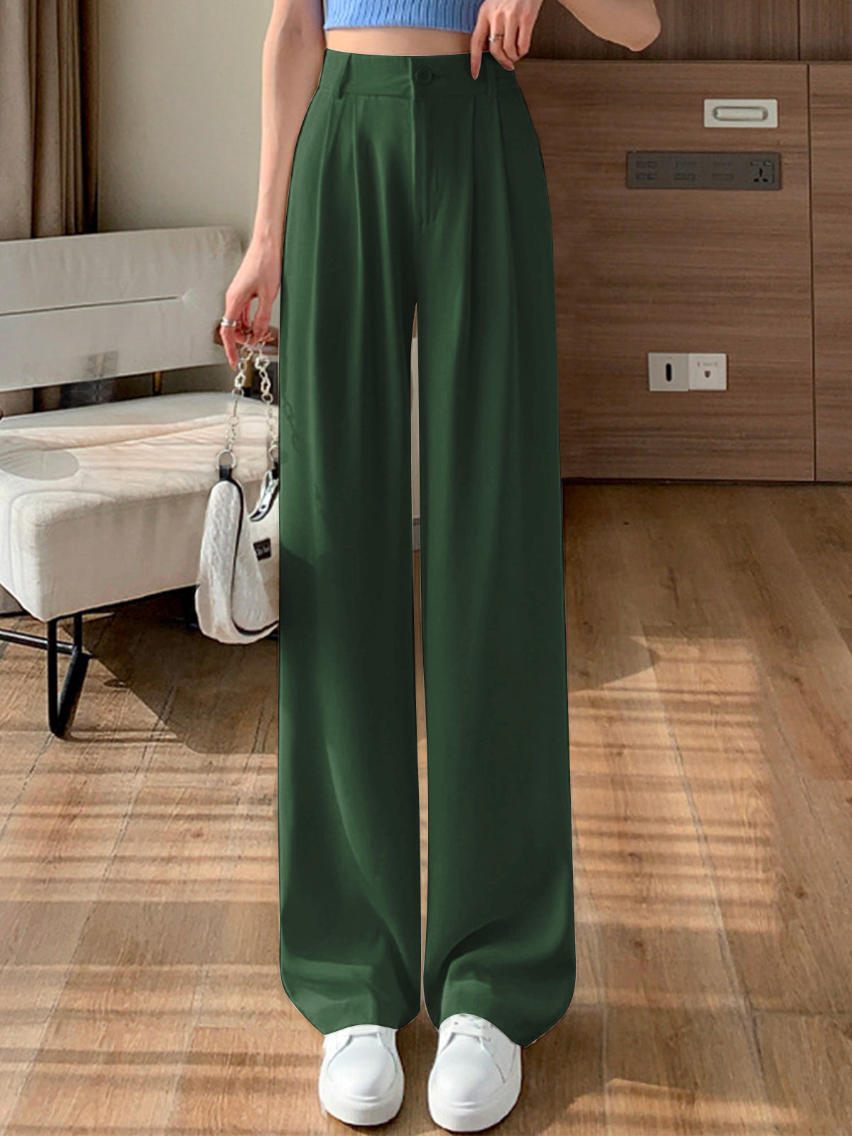 Lisa Wide-Leg Pants with Pleated Front for Women - Dark Green