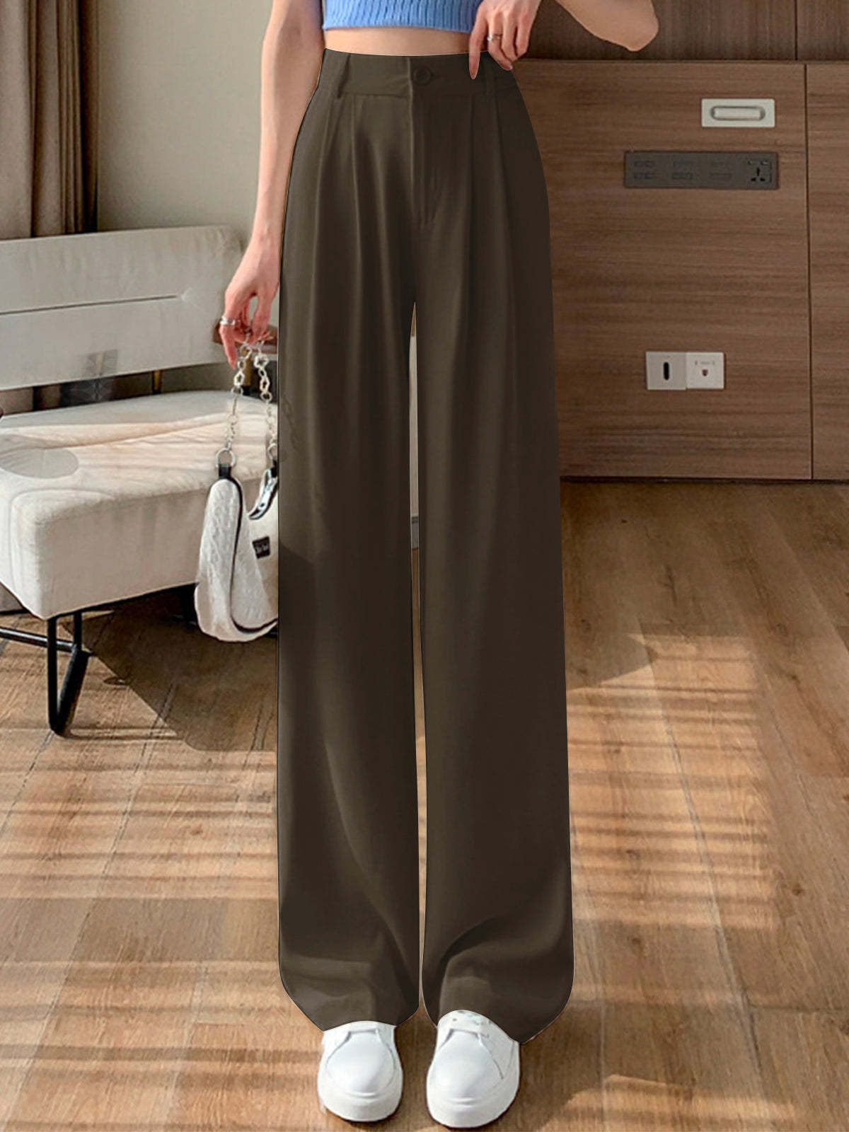 Lisa Wide-Leg Pants with Pleated Front for Women - Coffee