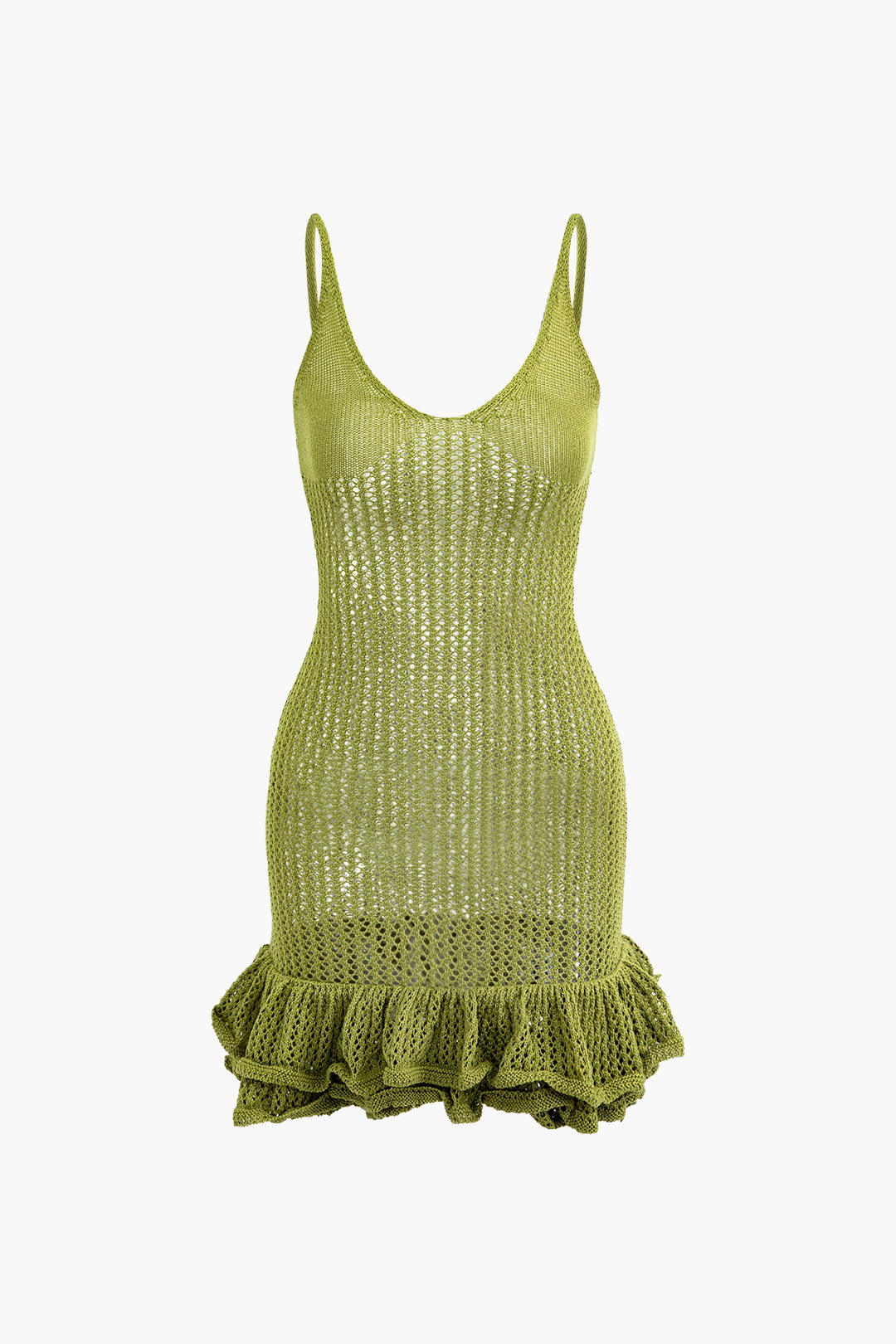 Louane Openwork Knit Mini Dress with Ruffle Hem - Green