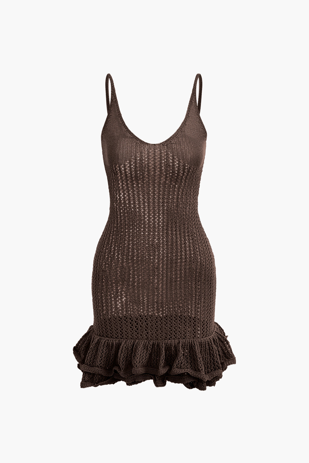 Louane Openwork Knit Mini Dress with Ruffle Hem - Coffee