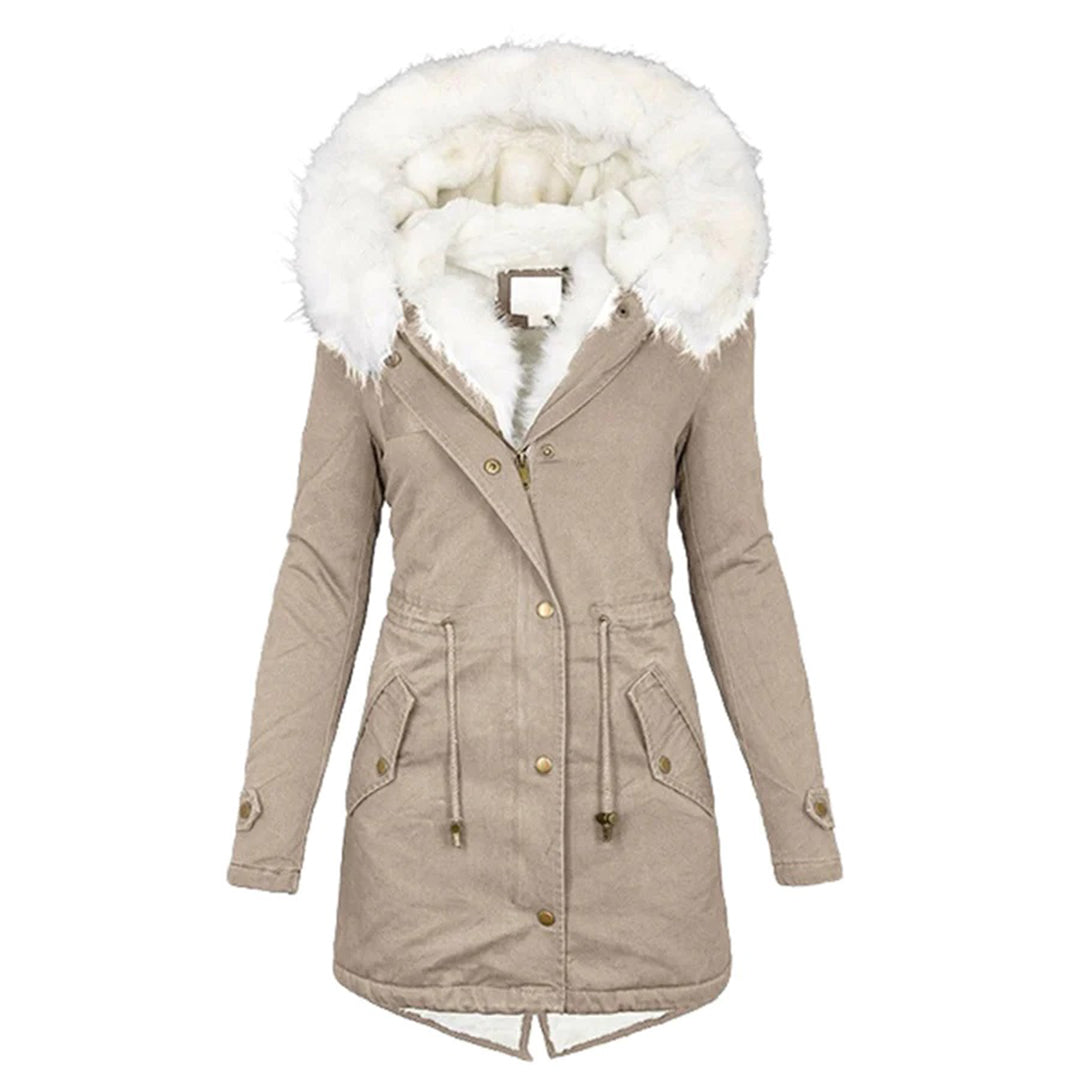 Louise Hooded Parka with Plush Lining and Drawstring Waist - Khaki