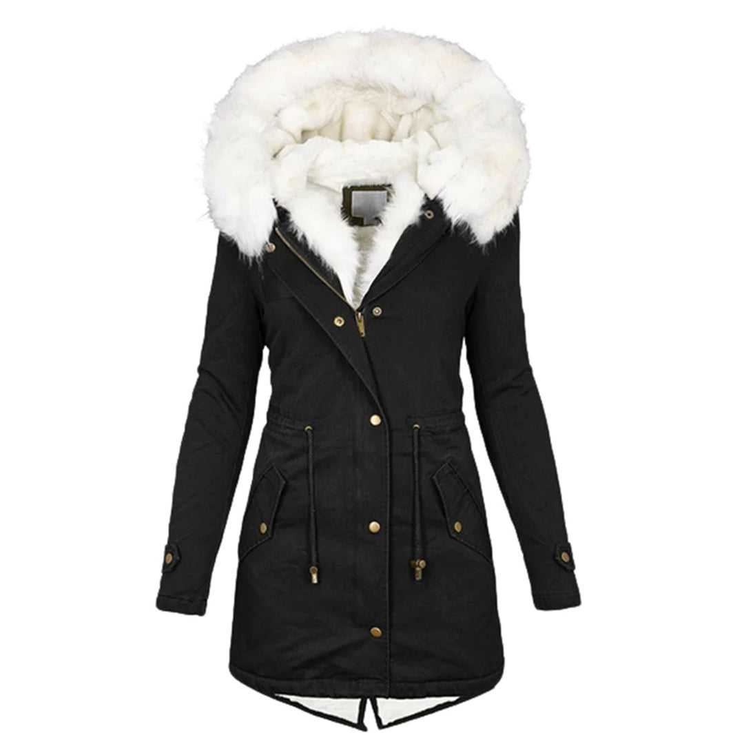 Louise Hooded Parka with Plush Lining and Drawstring Waist - Black