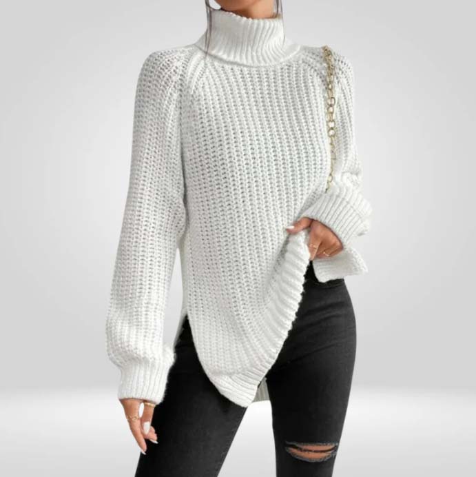 Lucy Chunky Knit Sweater with High Turtleneck - White