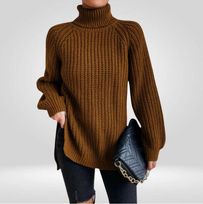 Lucy Chunky Knit Sweater with High Turtleneck - Brown