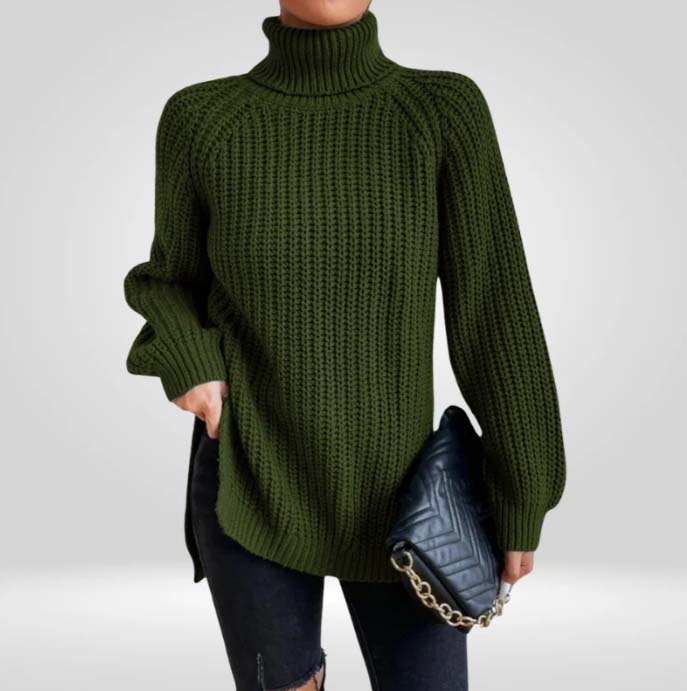Lucy Chunky Knit Sweater with High Turtleneck - Army Green