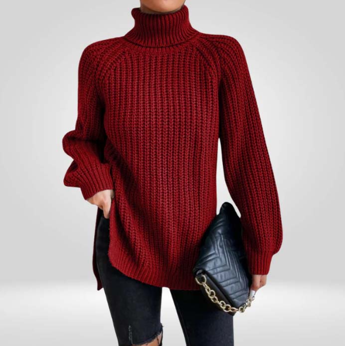 Lucy Chunky Knit Sweater with High Turtleneck - Red
