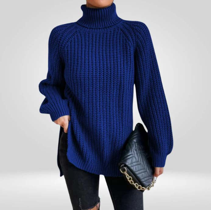 Lucy Chunky Knit Sweater with High Turtleneck - Blue