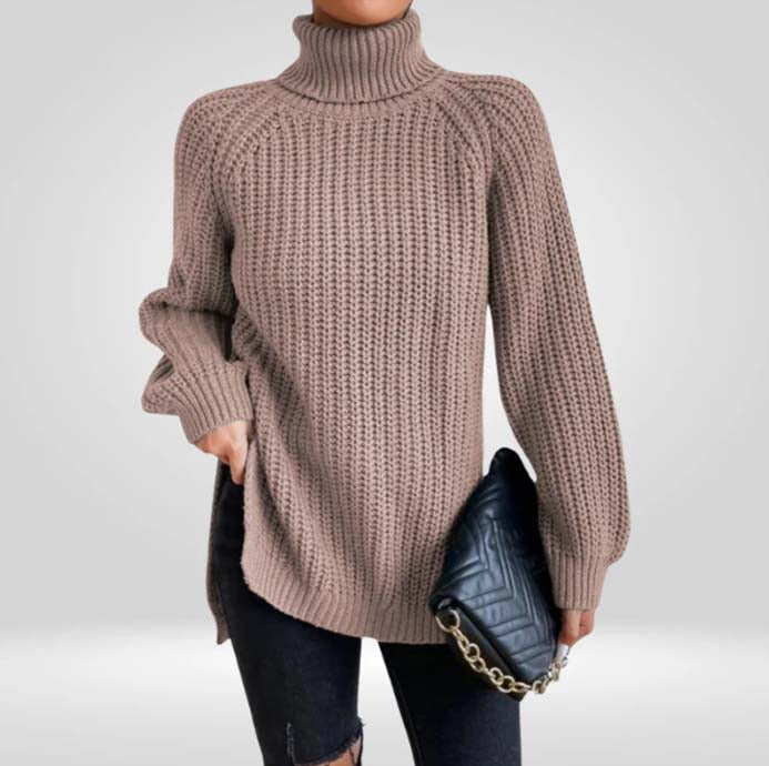 Lucy Chunky Knit Sweater with High Turtleneck - Khaki