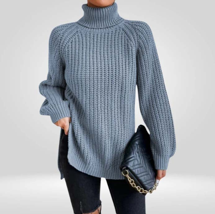 Lucy Chunky Knit Sweater with High Turtleneck - Light Blue