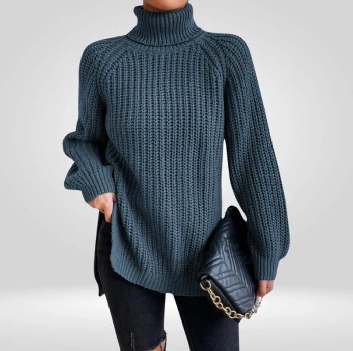 Lucy Chunky Knit Sweater with High Turtleneck - Gray Blue