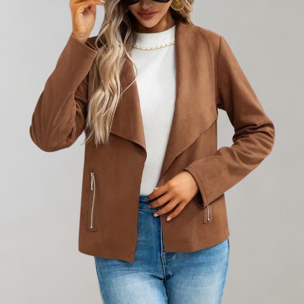 Maiuc Suede-Look Jacket with Waterfall Collar - Coffee