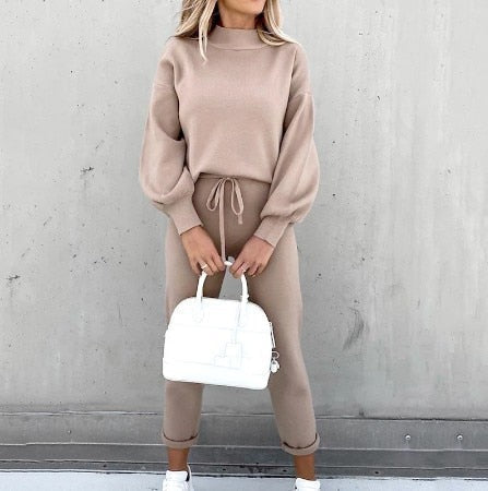 Maren Knit Set with Turtleneck and Tapered Pants - Khaki