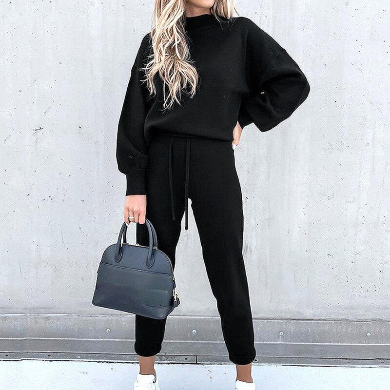 Maren Knit Set with Turtleneck and Tapered Pants - Black