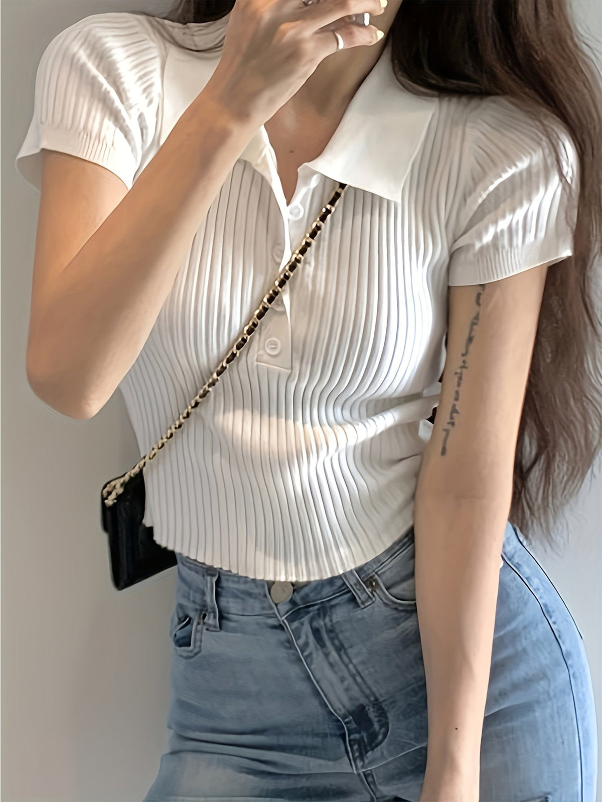 Margaux Ribbed Polo Top with Short Sleeves for Women - White