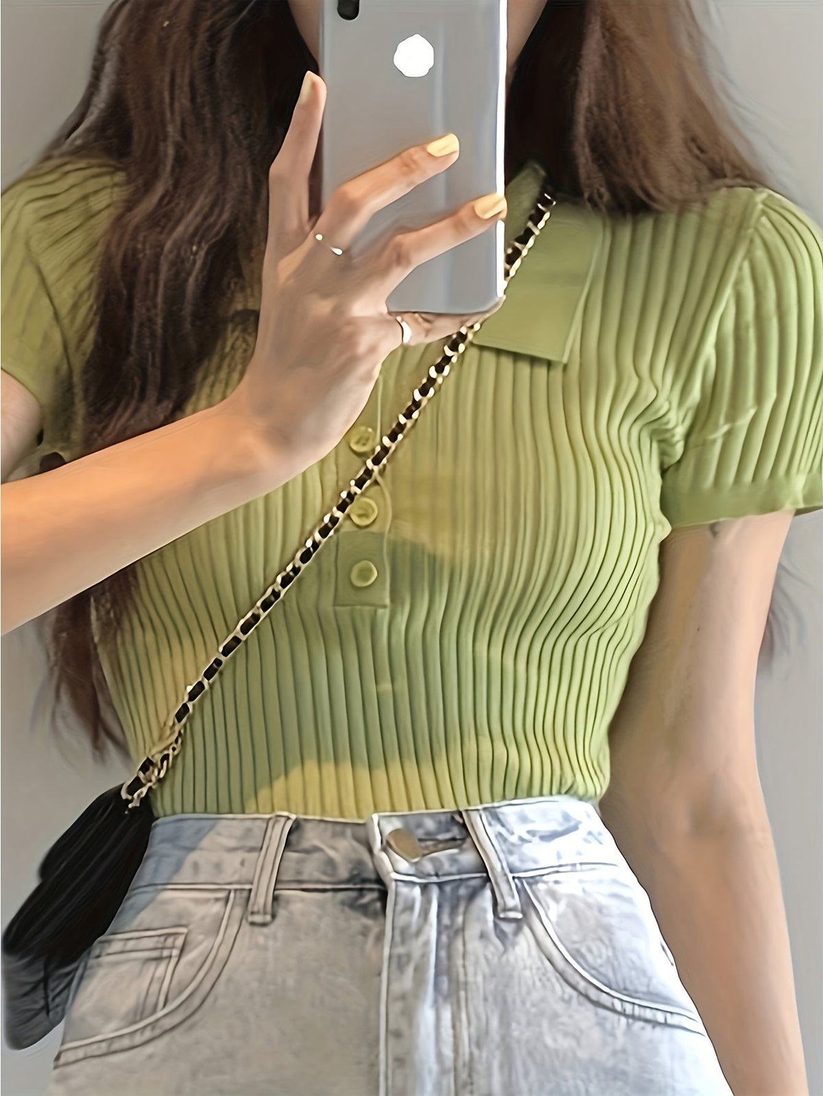 Margaux Ribbed Polo Top with Short Sleeves for Women - Matcha