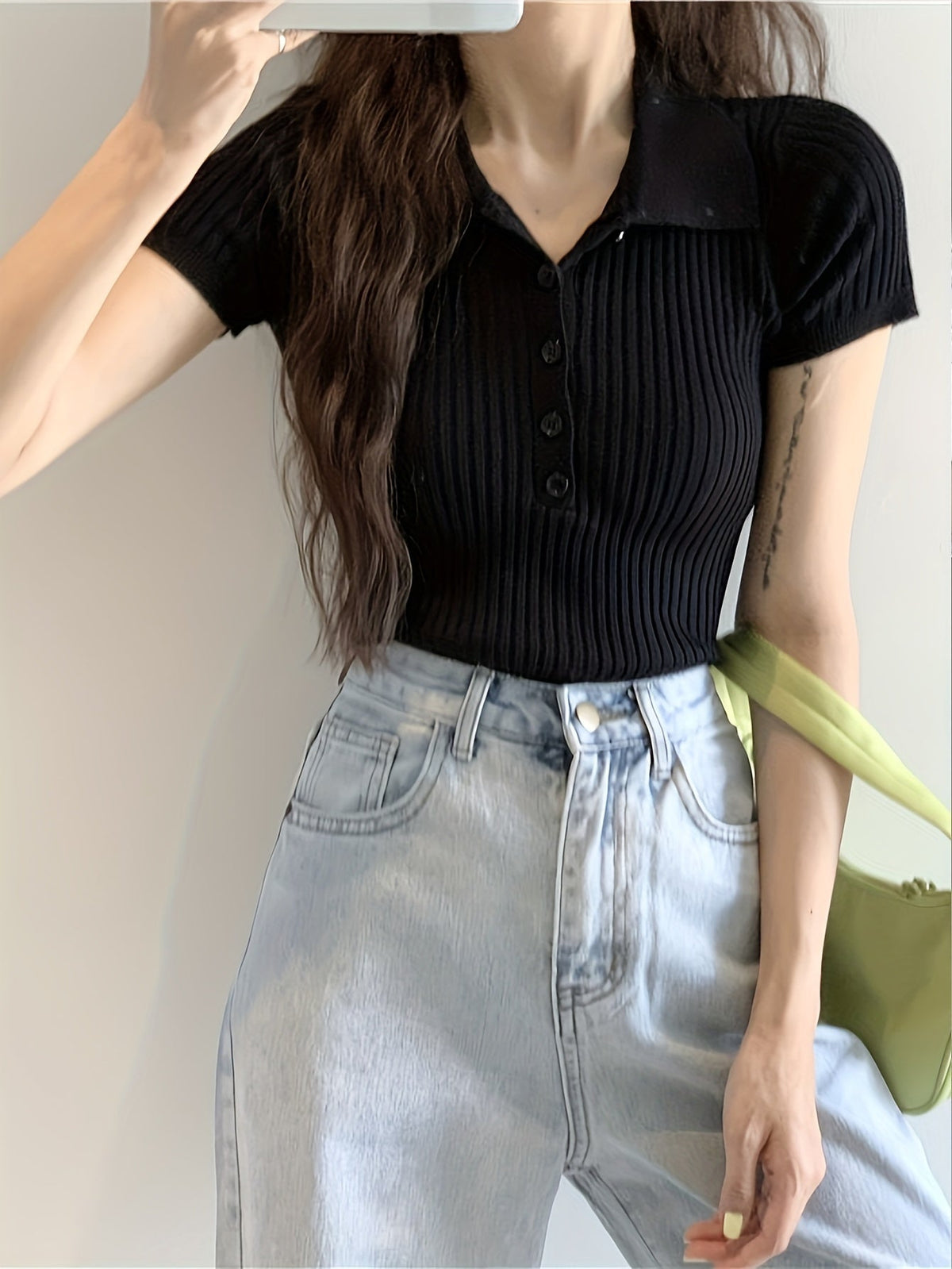 Margaux Ribbed Polo Top with Short Sleeves for Women - Black