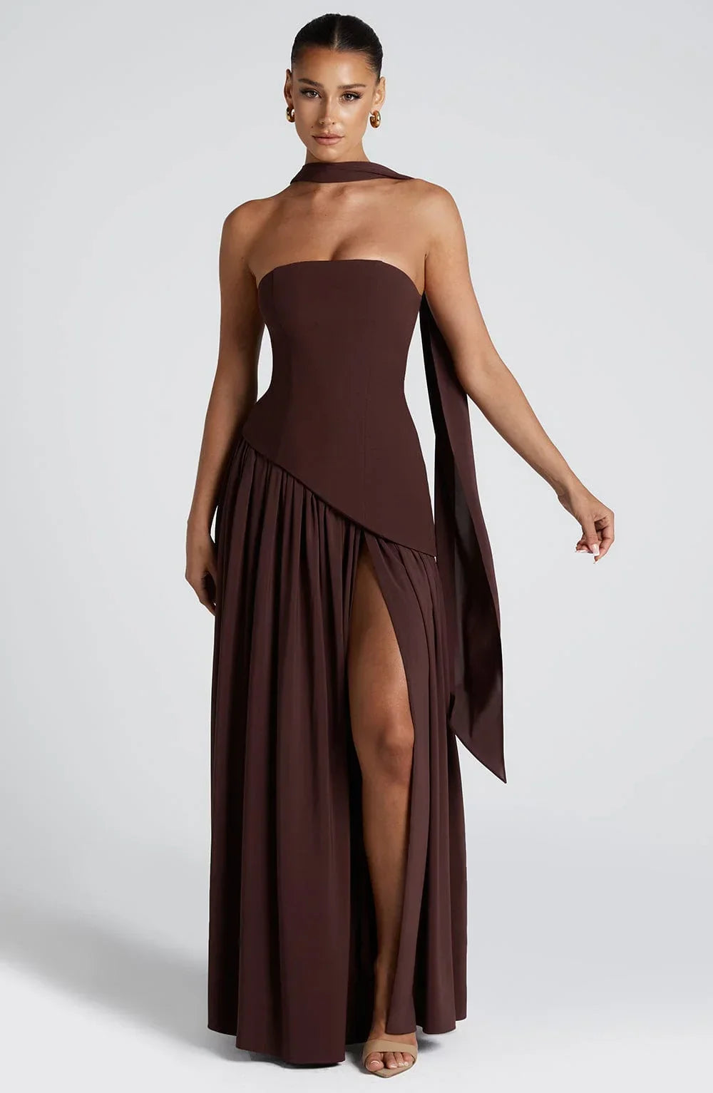 Marlowe Maxi Dress in Strapless Cut with Draped Skirt - Brown