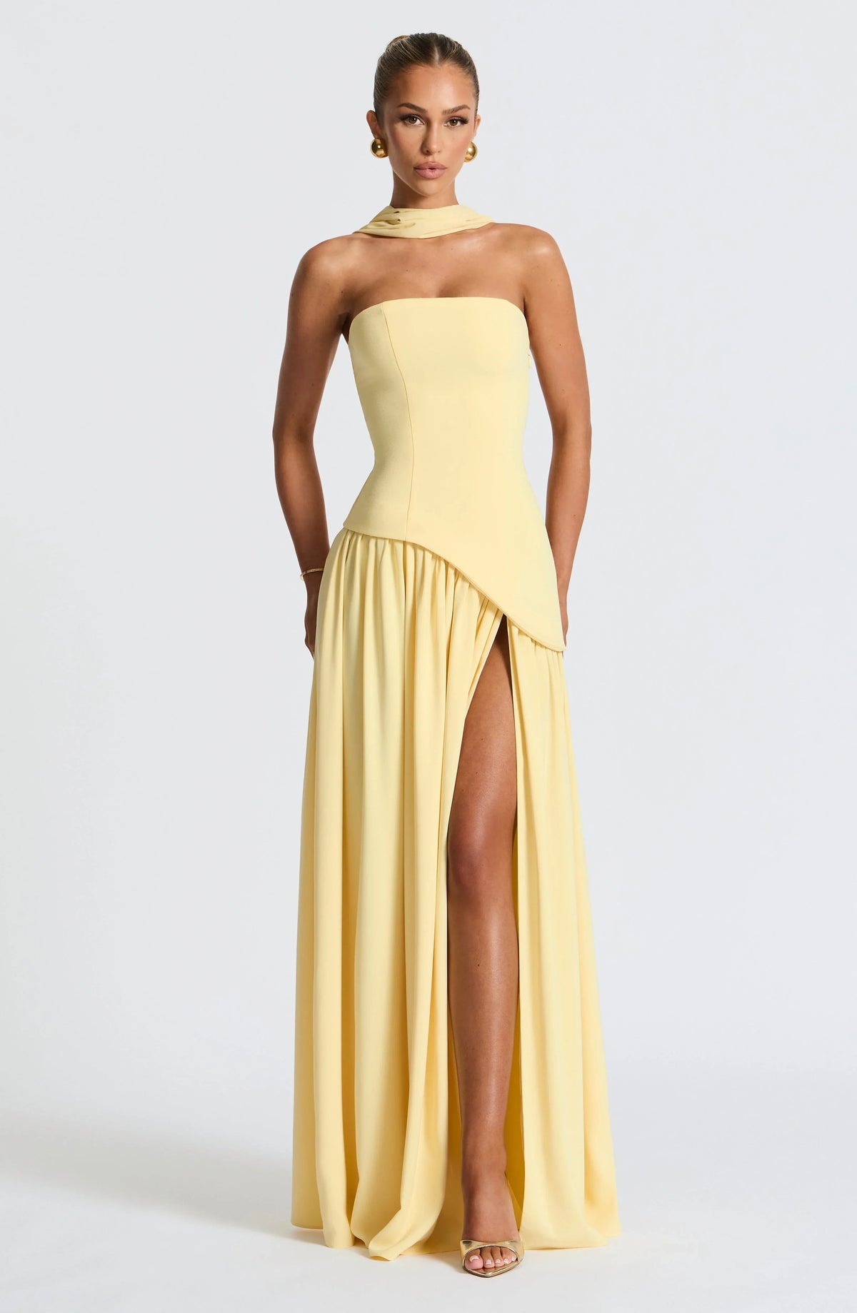 Marlowe Maxi Dress in Strapless Cut with Draped Skirt - Lemon Yellow