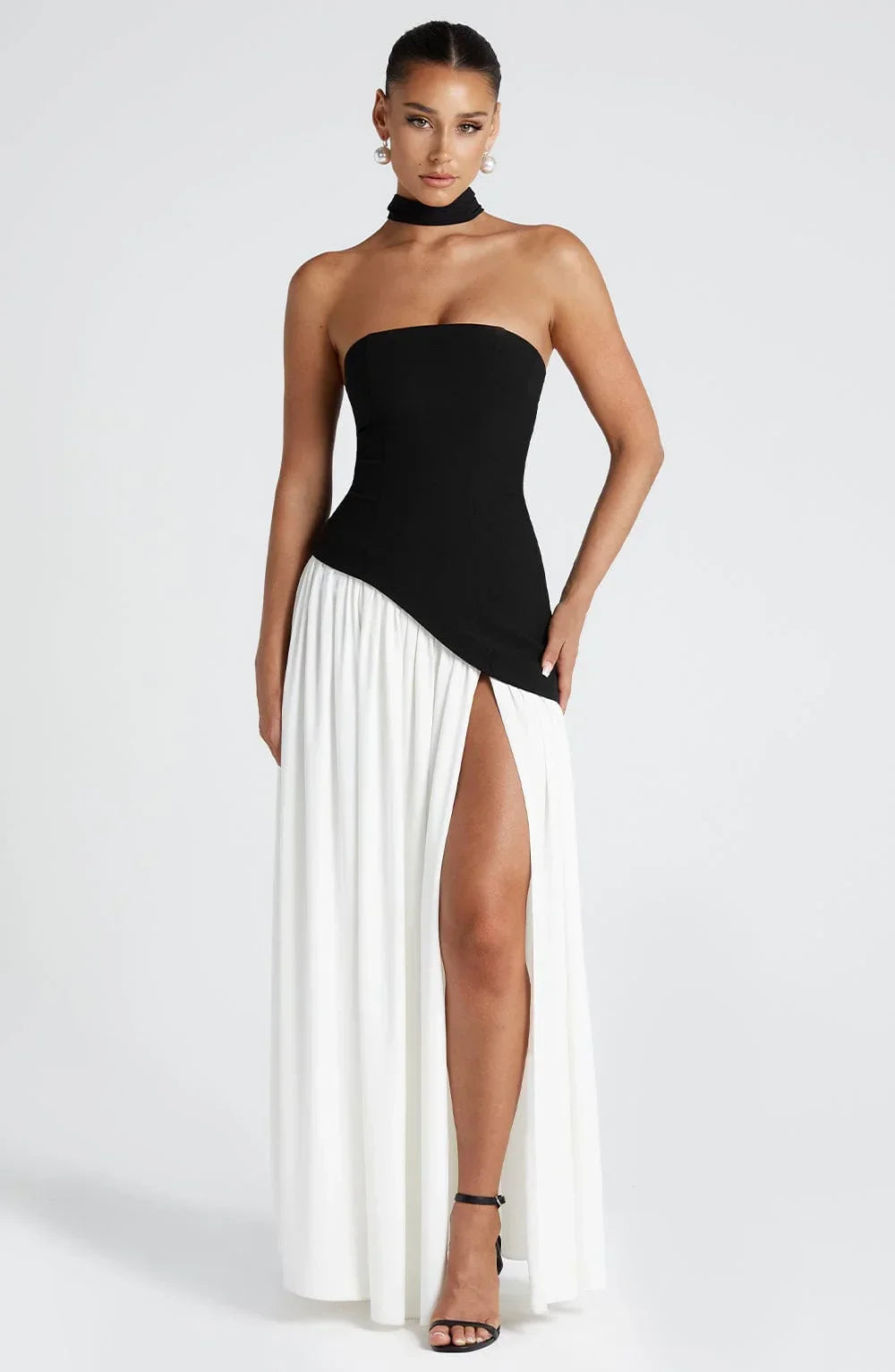 Marlowe Maxi Dress in Strapless Cut with Draped Skirt - Black